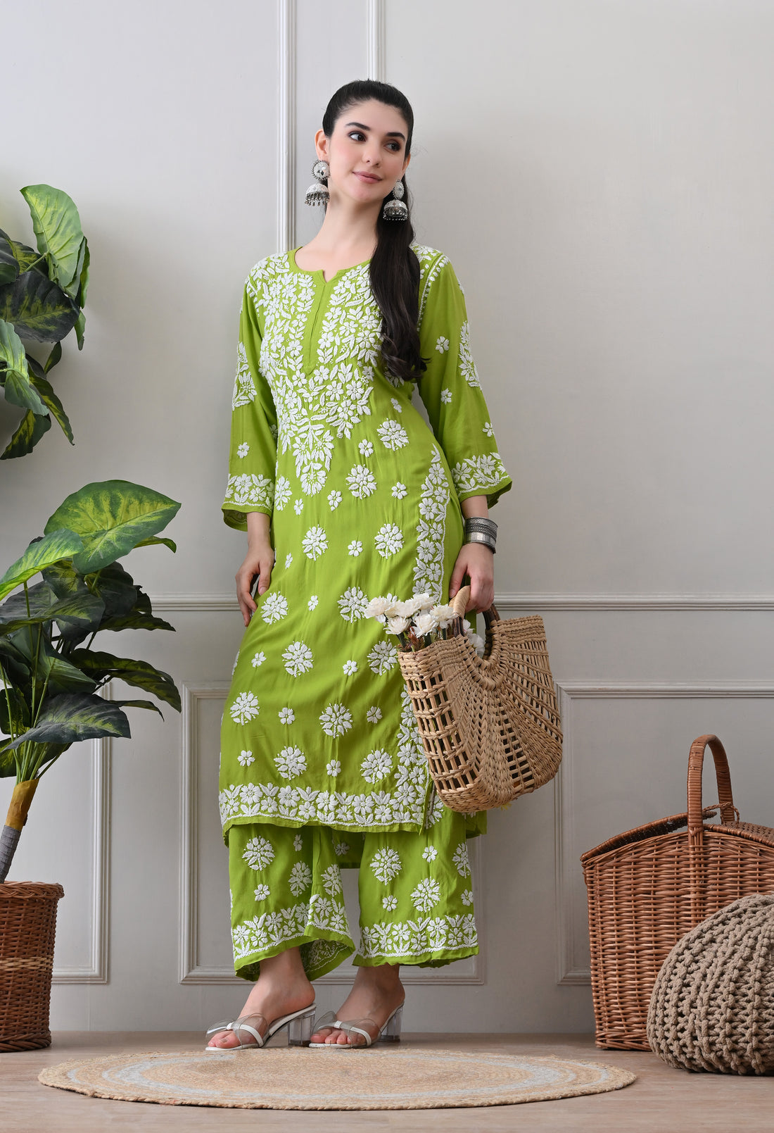 Hand Embroidered Chikankari Plazo Set 3d Work- Parrot Green