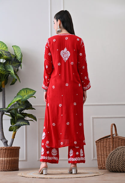 Hand Embroidered Chikankari Modal Plazo Set with 3D Floral Work Red