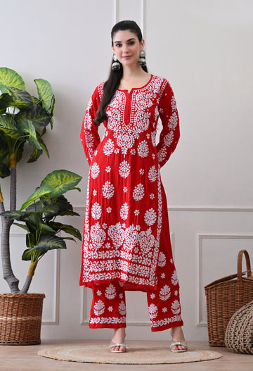 Hand Embroidered Chikankari Modal Plazo Set with 3D Floral Work Red