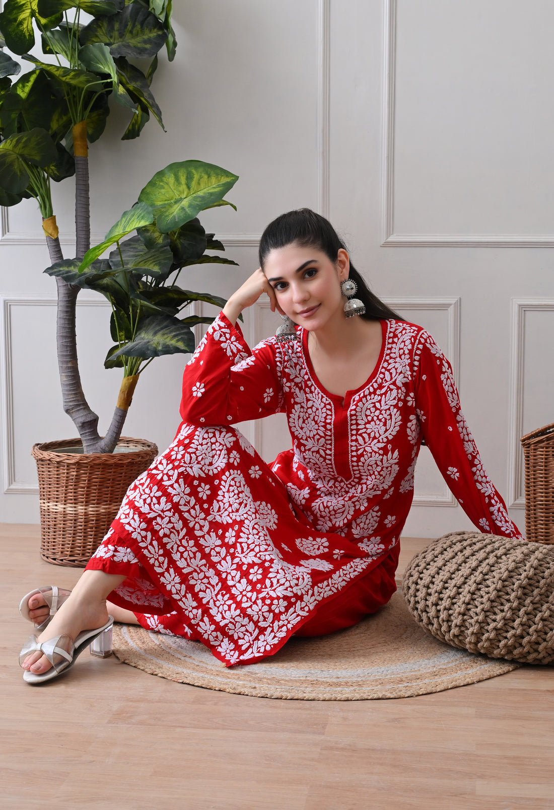 Hand Embroidered Chikankari Modal Plazo Set with 3D Floral Work Red