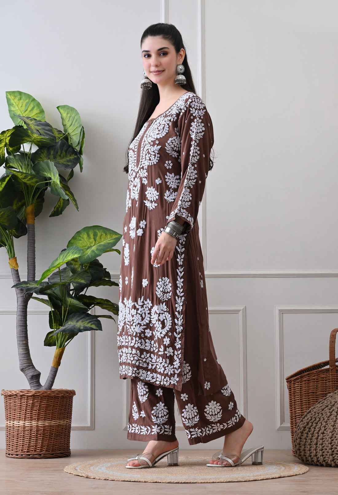 Hand Embroidered Chikankari Modal Plazo Set with 3D Floral Work – Ethnic Wear for Women – Brown