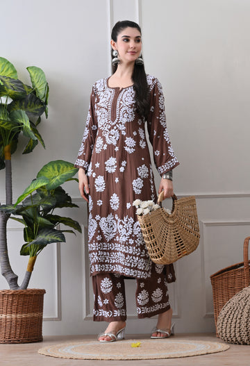 Hand Embroidered Chikankari Modal Plazo Set with 3D Floral Work – Ethnic Wear for Women – Brown