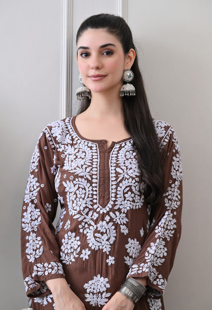 Hand Embroidered Chikankari Modal Plazo Set with 3D Floral Work – Ethnic Wear for Women – Brown