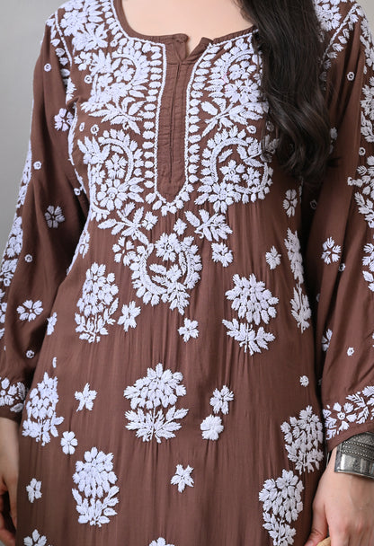 Hand Embroidered Chikankari Modal Plazo Set with 3D Floral Work – Ethnic Wear for Women – Brown