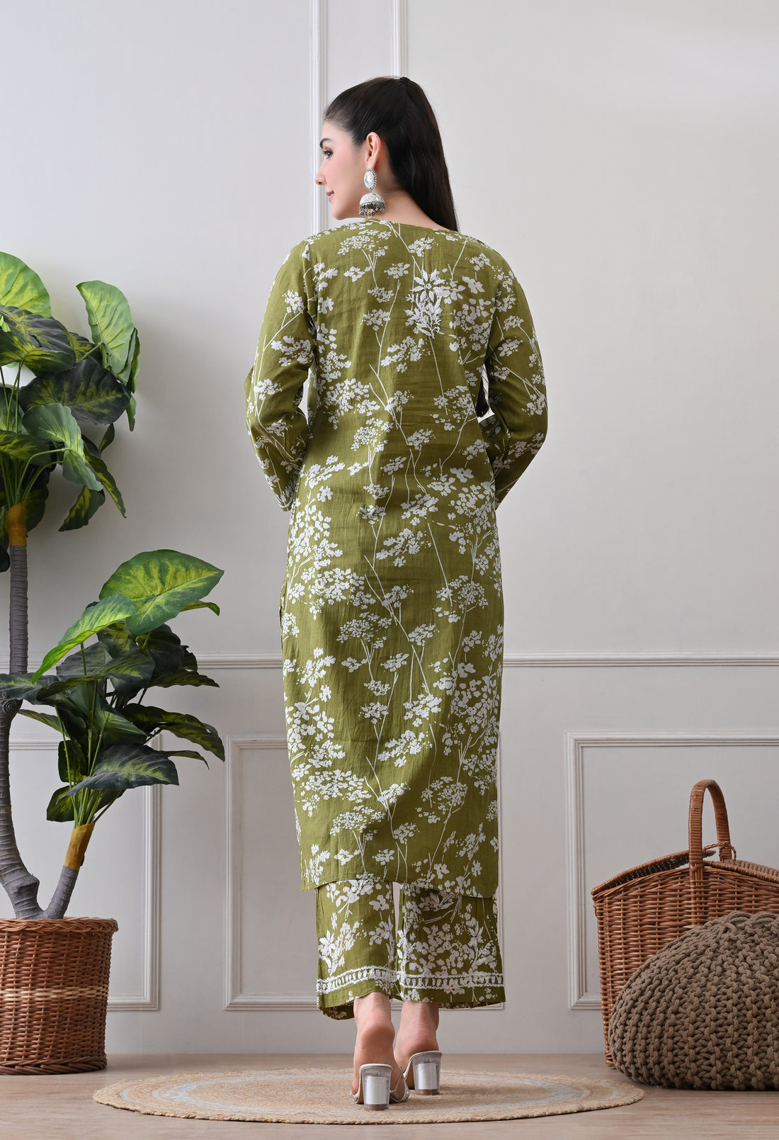 Hand Embroidered Chikankari Mulmul Palazzo Set – Green & White