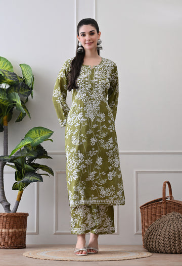 Hand Embroidered Chikankari Mulmul Palazzo Set – Green & White