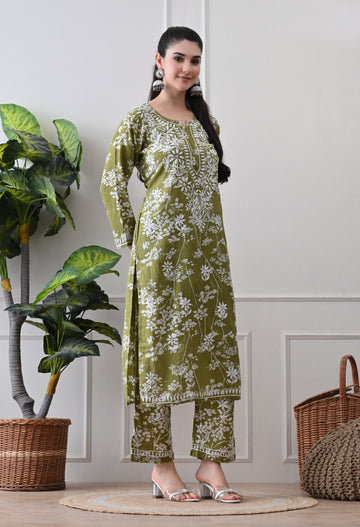 Hand Embroidered Chikankari Mulmul Plazo Set – Floral Delight Mehdi