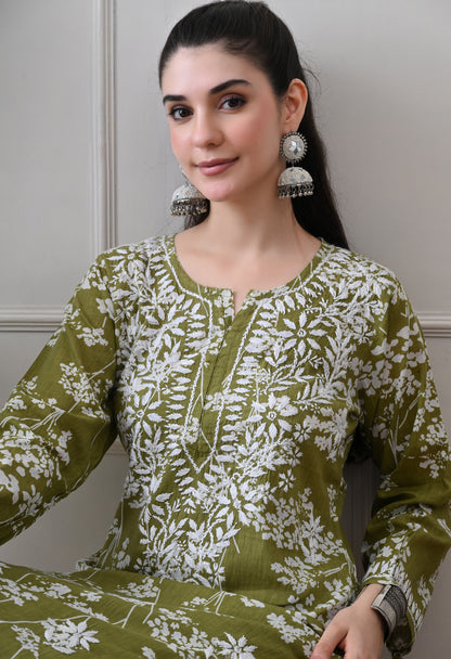 Hand Embroidered Chikankari Mulmul Plazo Set – Floral Delight Mehdi