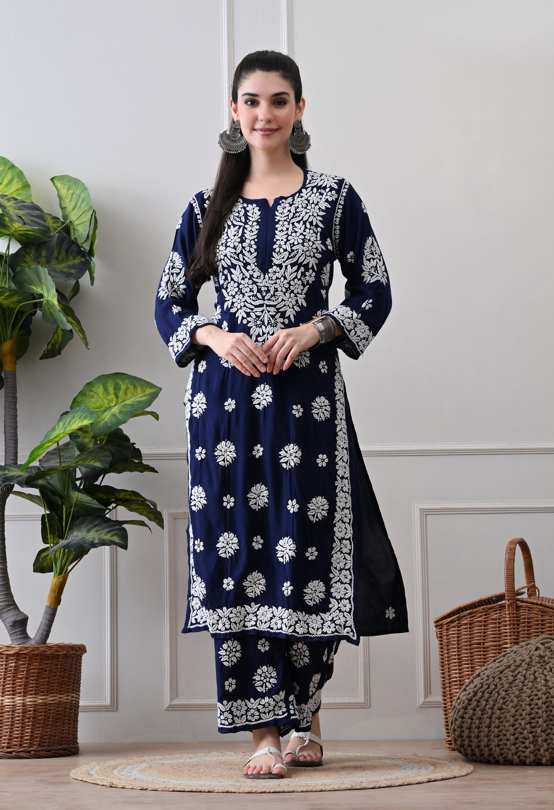 Hand Embroidered Chikankari Plazo Set 3d Work- Dark Blue