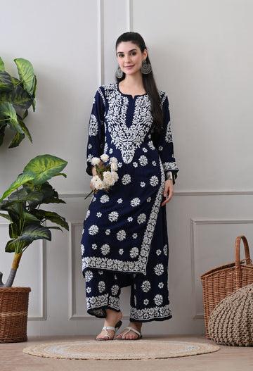 Hand Embroidered Chikankari Plazo Set 3d Work- Dark Blue
