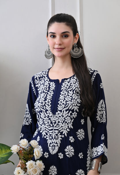 Hand Embroidered Chikankari Plazo Set 3d Work- Dark Blue