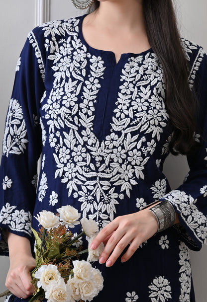 Hand Embroidered Chikankari Plazo Set 3d Work- Dark Blue