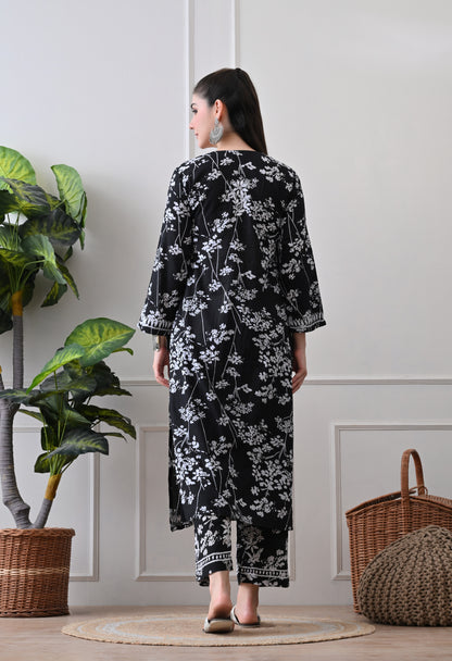 Hand Embroidered Chikankari Mulmul Plazo Set – Floral Delight Black
