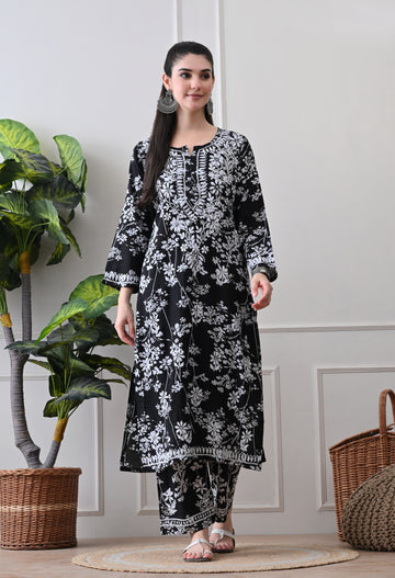 Hand Embroidered Chikankari Mulmul Plazo Set – Floral Delight Black