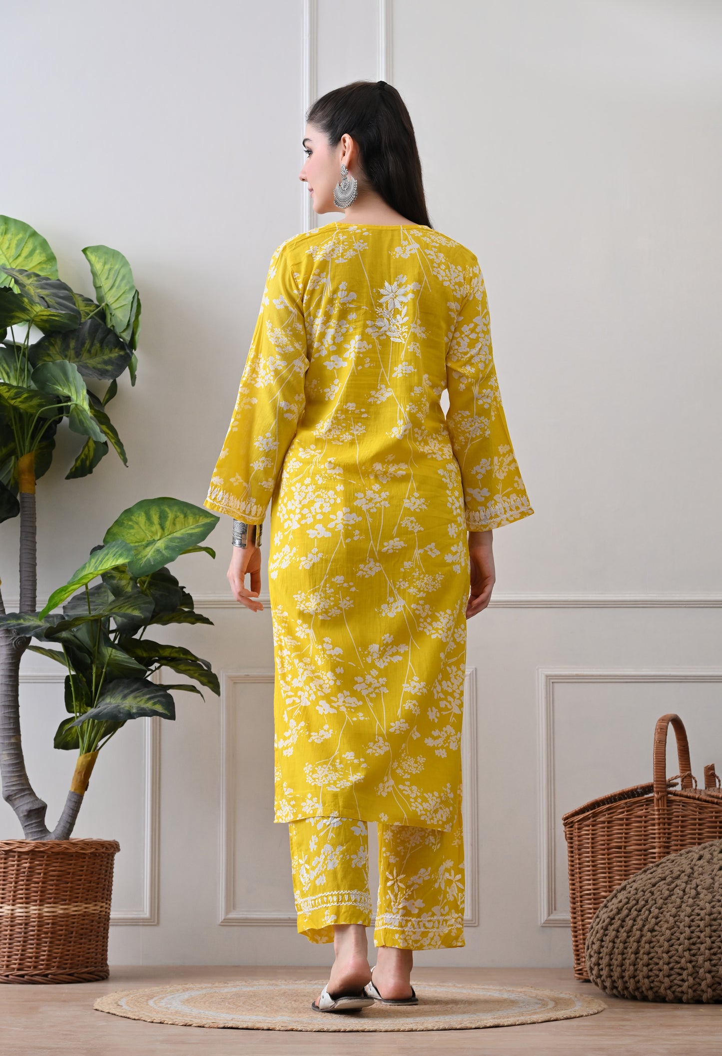 Hand Embroidered Chikankari Mulmul Plazo Set – Floral Sunshine Yellow
