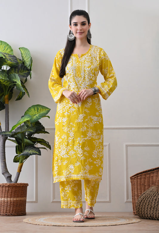 Hand Embroidered Chikankari Mulmul Plazo Set – Floral Sunshine Yellow