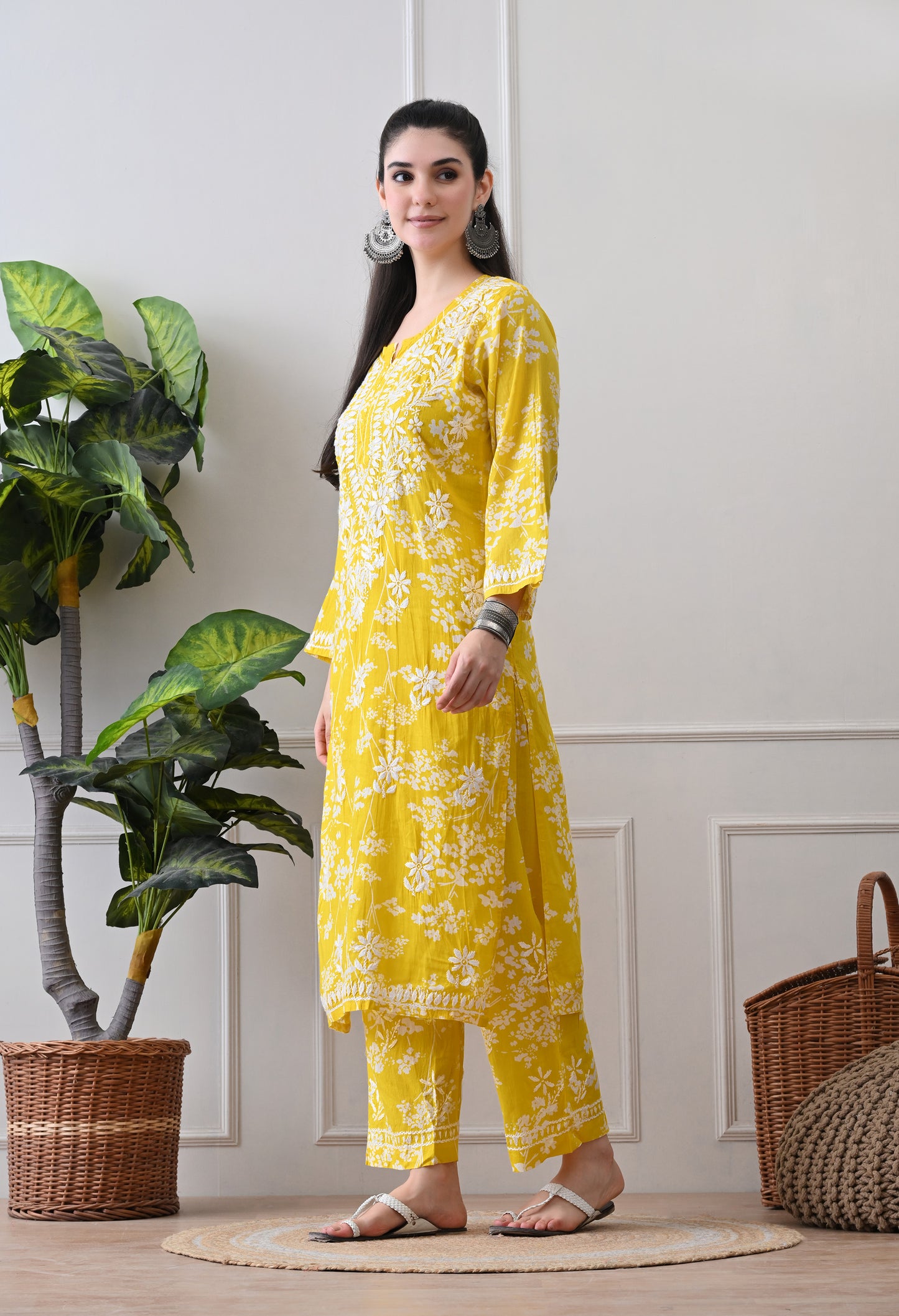 Hand Embroidered Chikankari Mulmul Plazo Set – Floral Sunshine Yellow