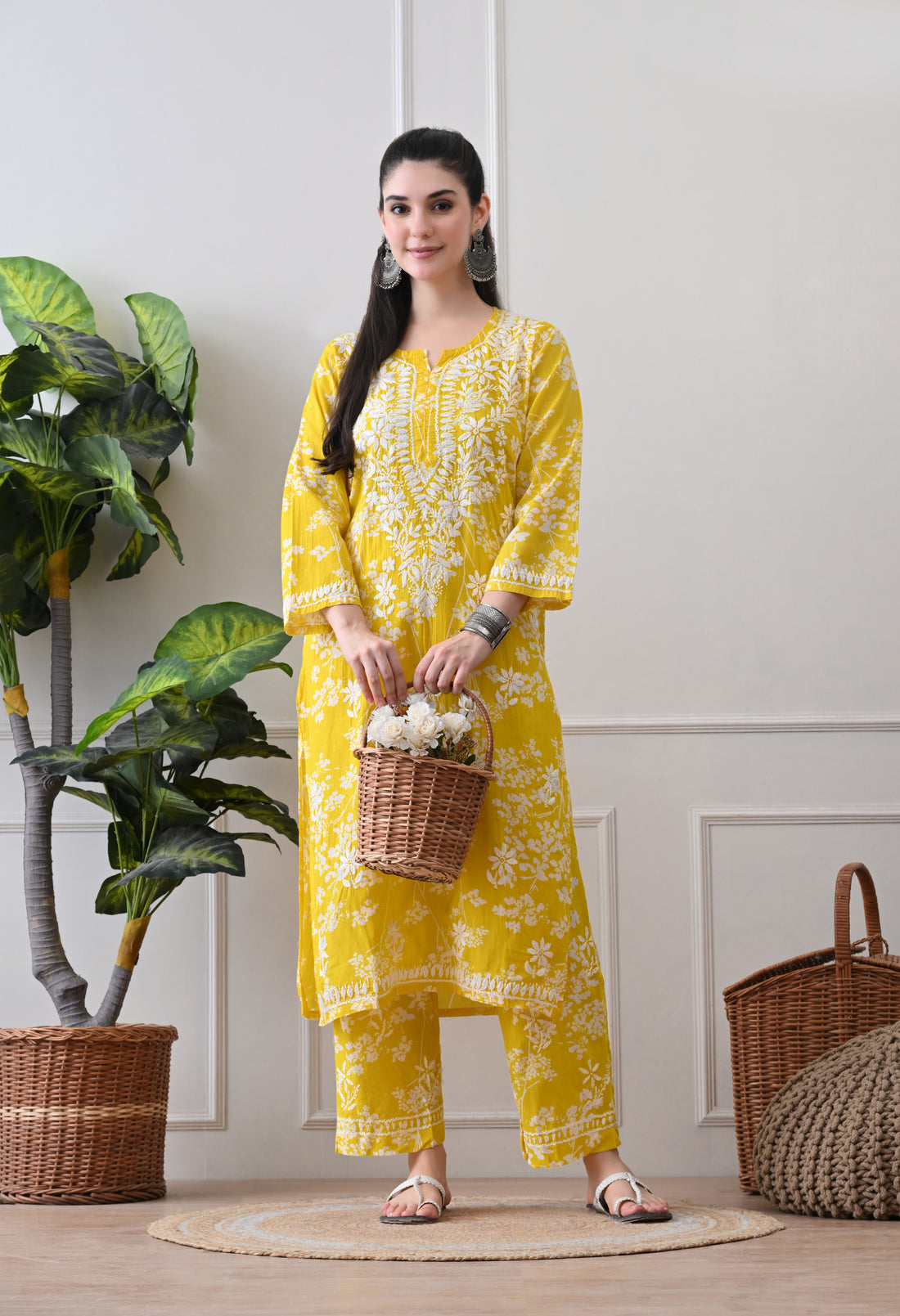 Hand Embroidered Chikankari Mulmul Plazo Set – Floral Sunshine Yellow