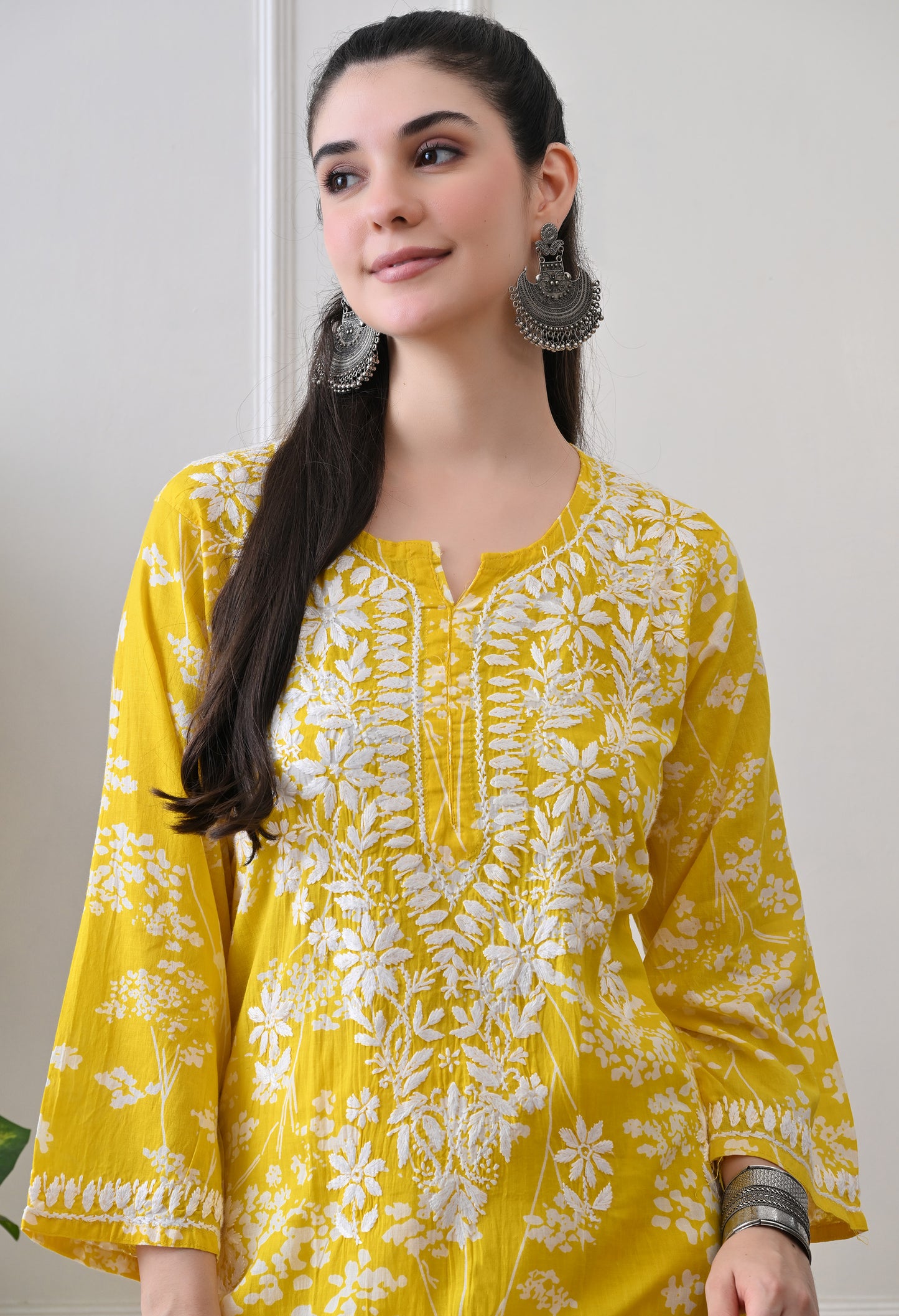 Hand Embroidered Chikankari Mulmul Plazo Set – Floral Sunshine Yellow