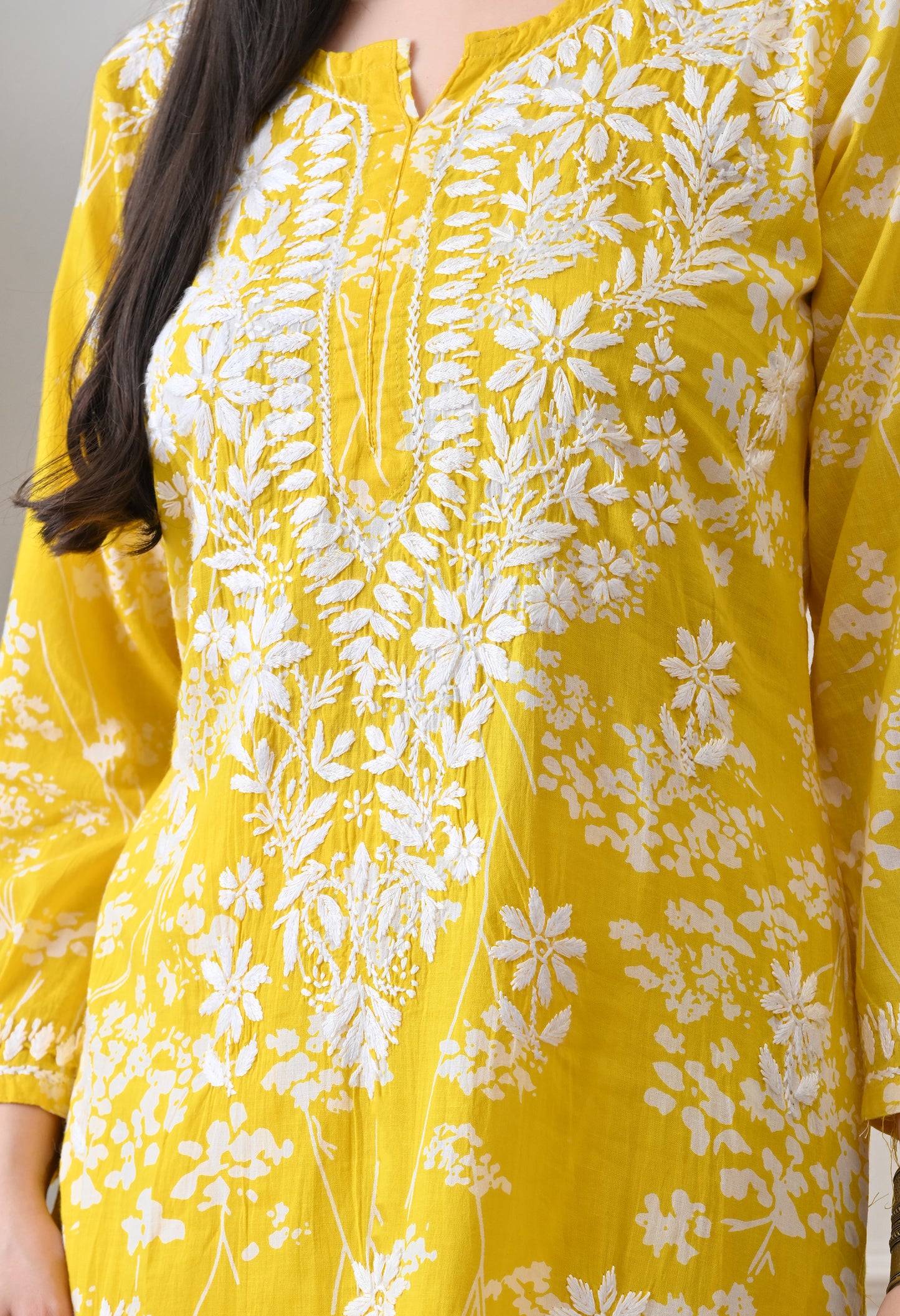Hand Embroidered Chikankari Mulmul Plazo Set – Floral Sunshine Yellow