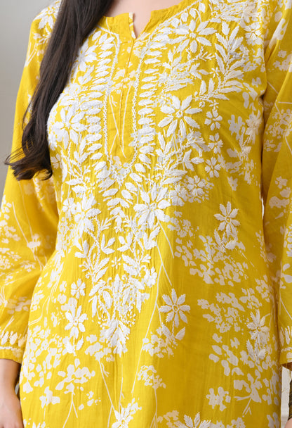 Hand Embroidered Chikankari Mulmul Plazo Set – Floral Sunshine Yellow