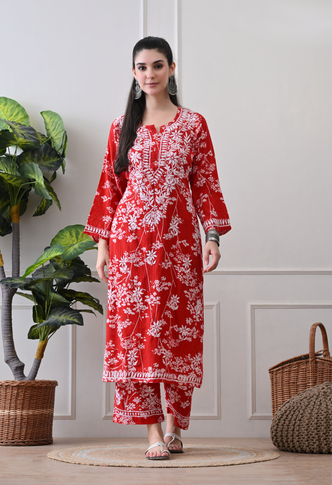 Hand Embroidered Chikankari Mulmul Plazo Set – Floral Delight Red