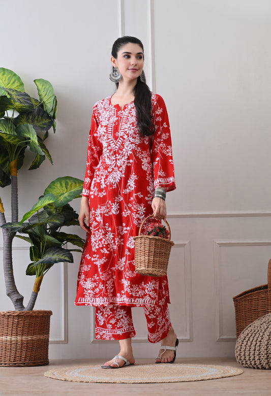 Hand Embroidered Chikankari Mulmul Plazo Set – Floral Delight Red
