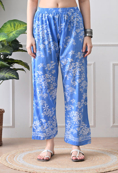 Hand Embroidered Chikankari Mulmul Plazo Set – Floral Blue Delight
