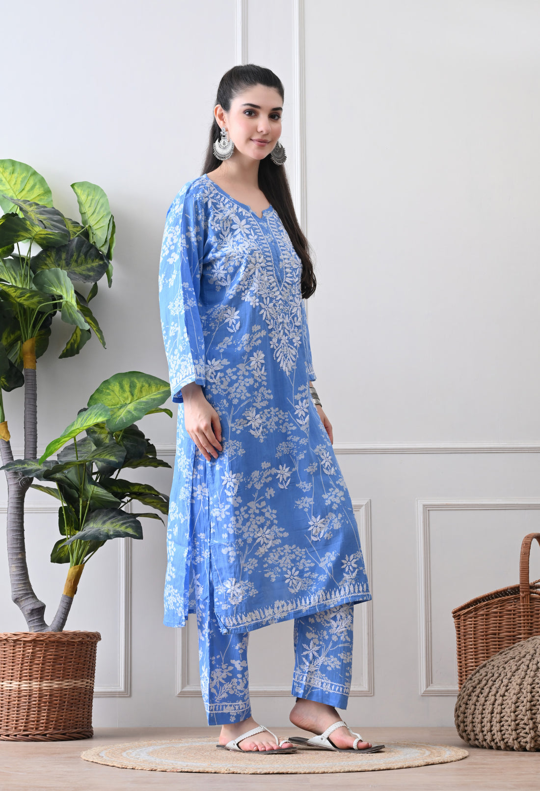 Hand Embroidered Chikankari Mulmul Plazo Set – Floral Blue Delight
