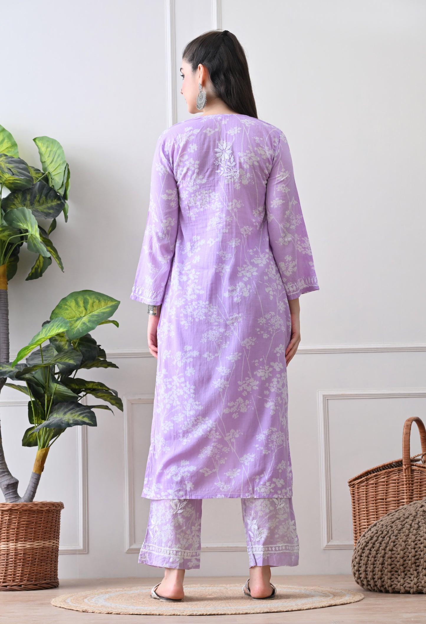 Hand Embroidered Chikankari Mulmul Plazo Set – Floral Lavender Delight