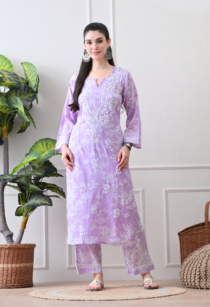Hand Embroidered Chikankari Mulmul Plazo Set – Floral Lavender Delight