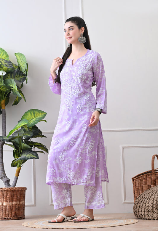 Hand Embroidered Chikankari Mulmul Plazo Set – Floral Lavender Delight