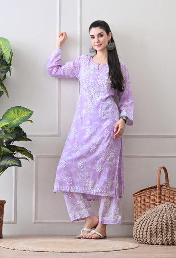Hand Embroidered Chikankari Mulmul Plazo Set – Floral Lavender Delight