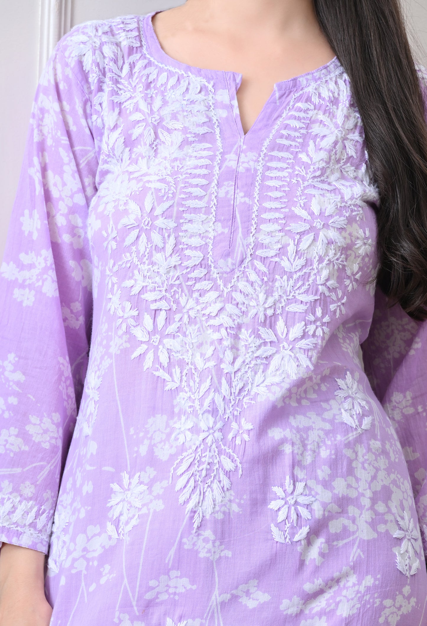 Hand Embroidered Chikankari Mulmul Plazo Set – Floral Lavender Delight