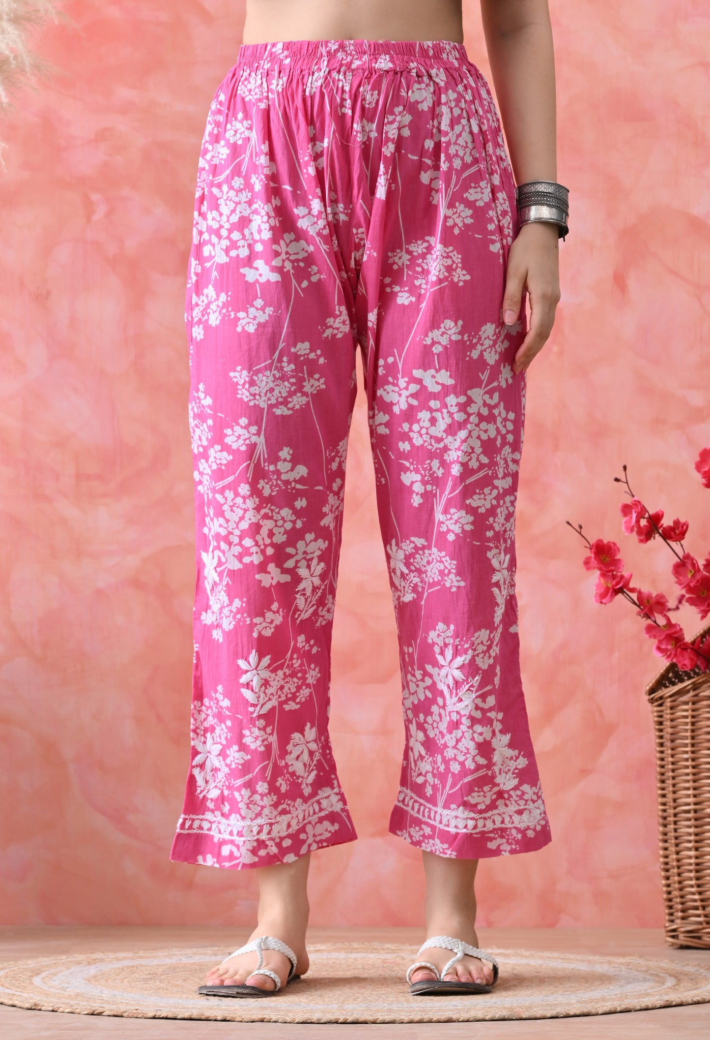 Hand Embroidered Chikankari Mulmul Plazo Set – Floral Rani Pink