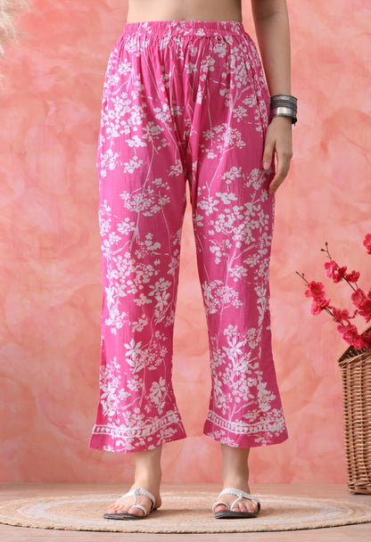 Hand Embroidered Chikankari Mulmul Plazo Set – Floral Rani Pink