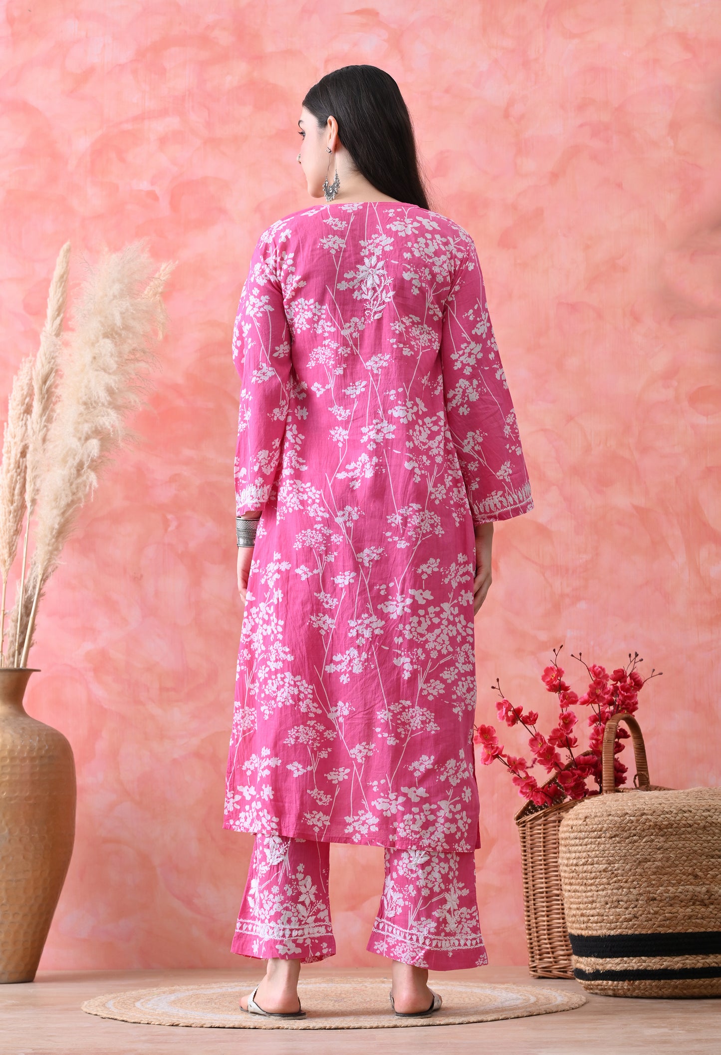 Hand Embroidered Chikankari Mulmul Plazo Set – Floral Rani Pink