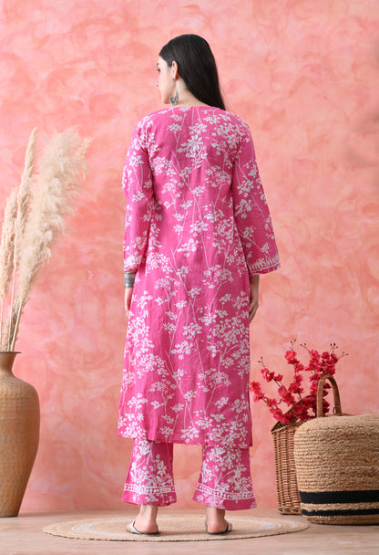 Hand Embroidered Chikankari Mulmul Plazo Set – Floral Rani Pink