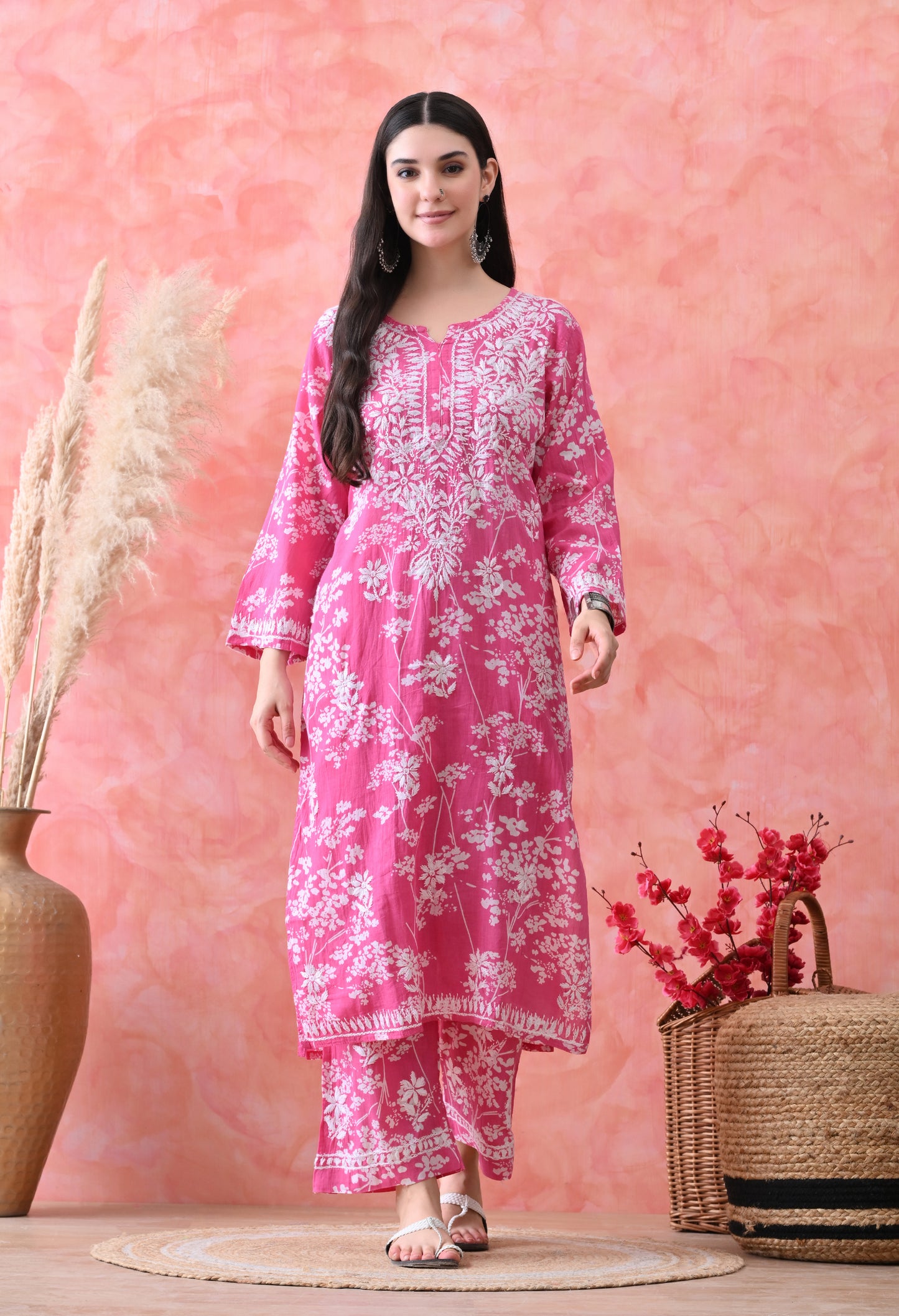 Hand Embroidered Chikankari Mulmul Plazo Set – Floral Rani Pink