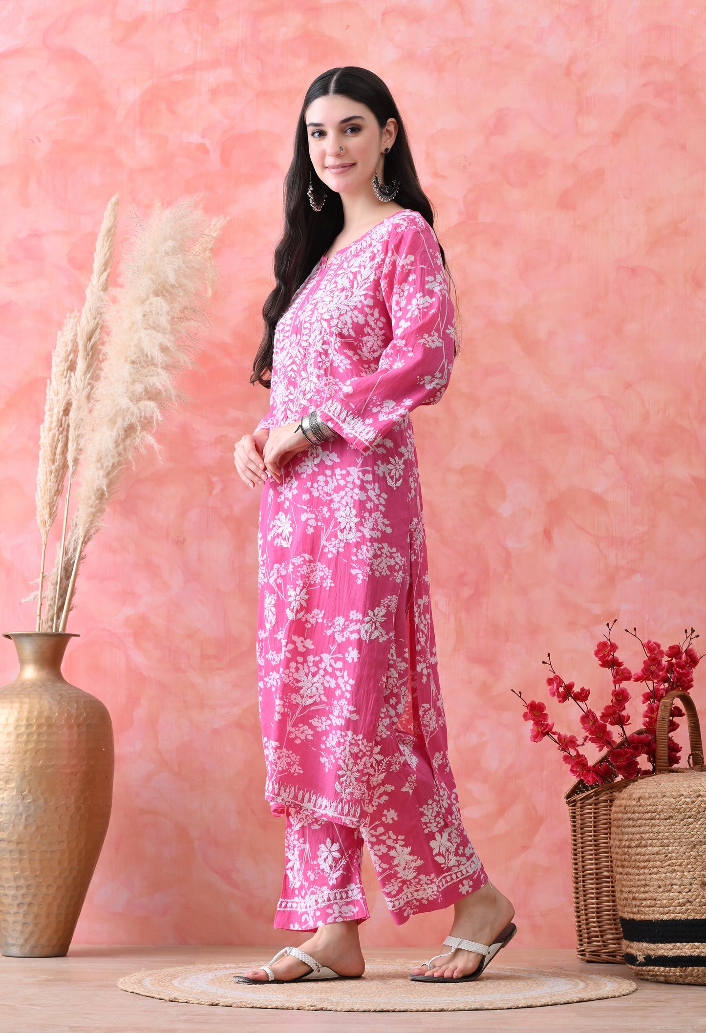 Hand Embroidered Chikankari Mulmul Plazo Set – Floral Rani Pink