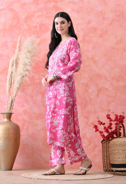 Hand Embroidered Chikankari Mulmul Plazo Set – Floral Rani Pink