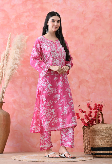 Hand Embroidered Chikankari Mulmul Plazo Set – Floral Rani Pink