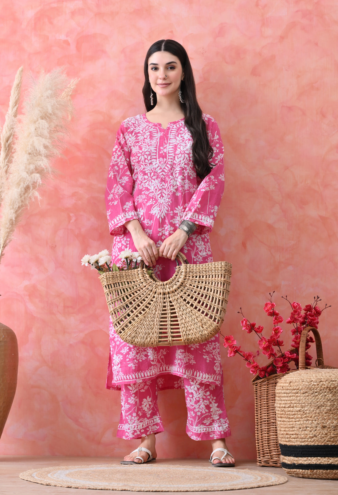 Hand Embroidered Chikankari Mulmul Plazo Set – Floral Rani Pink