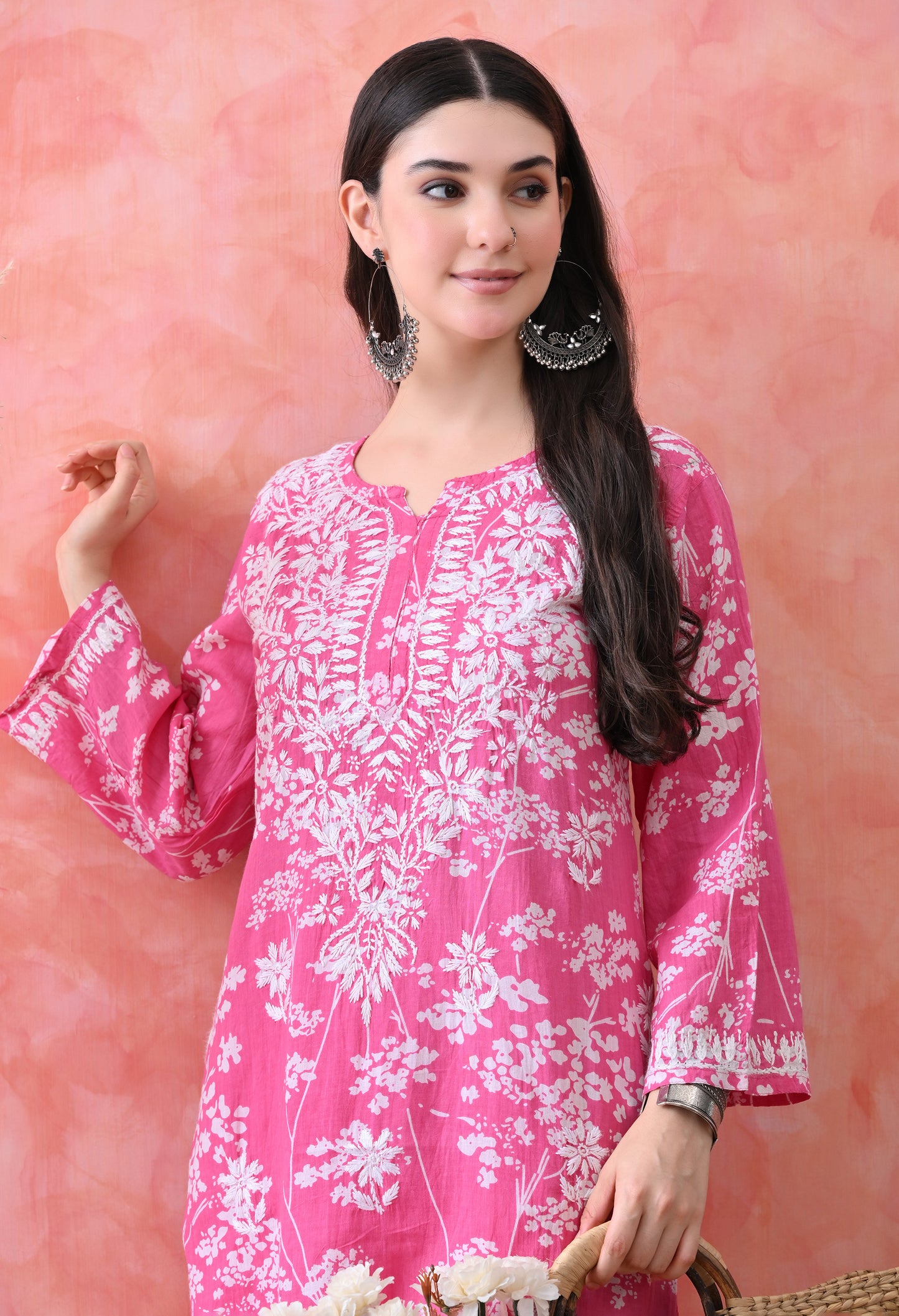 Hand Embroidered Chikankari Mulmul Plazo Set – Floral Rani Pink