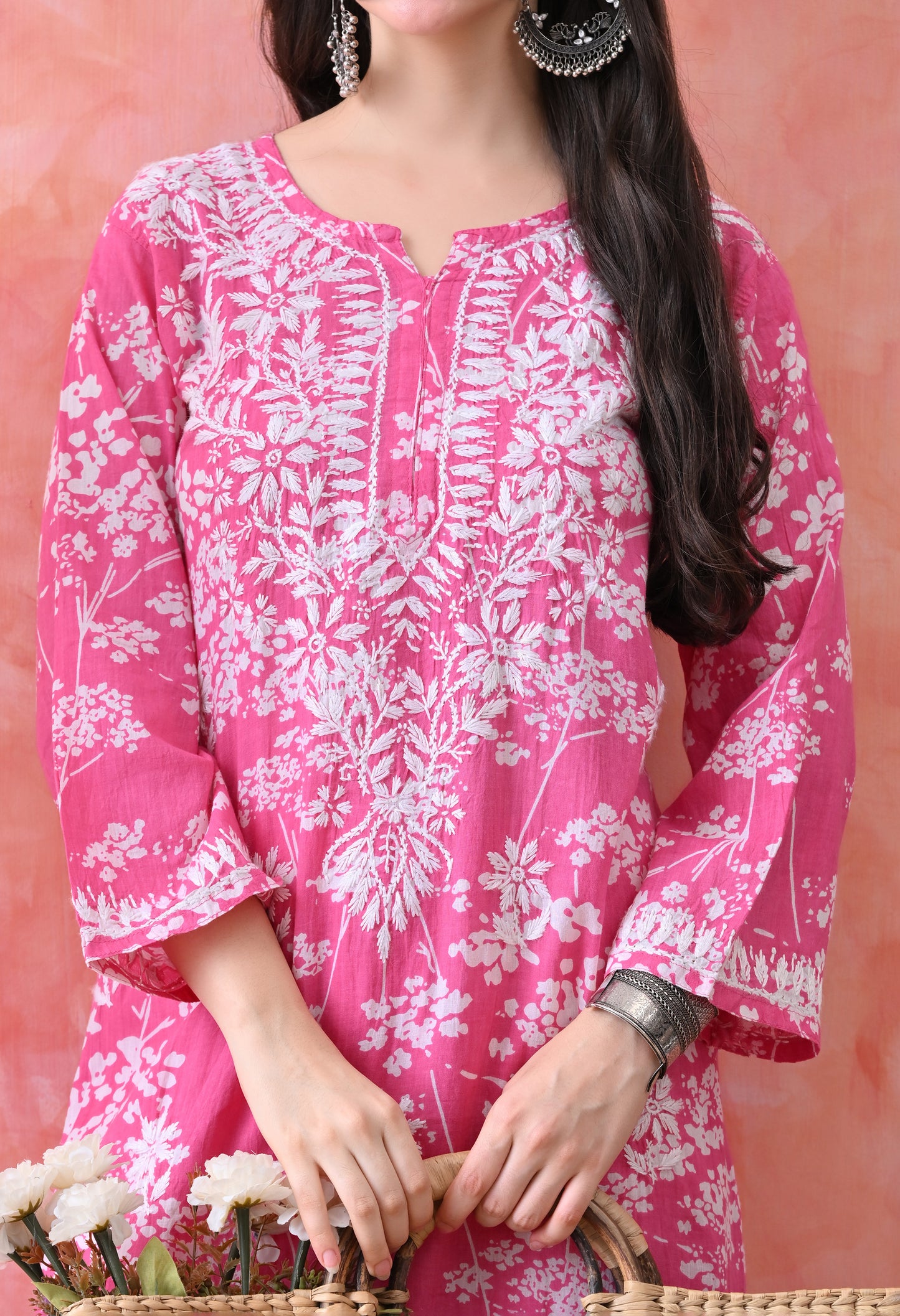 Hand Embroidered Chikankari Mulmul Plazo Set – Floral Rani Pink