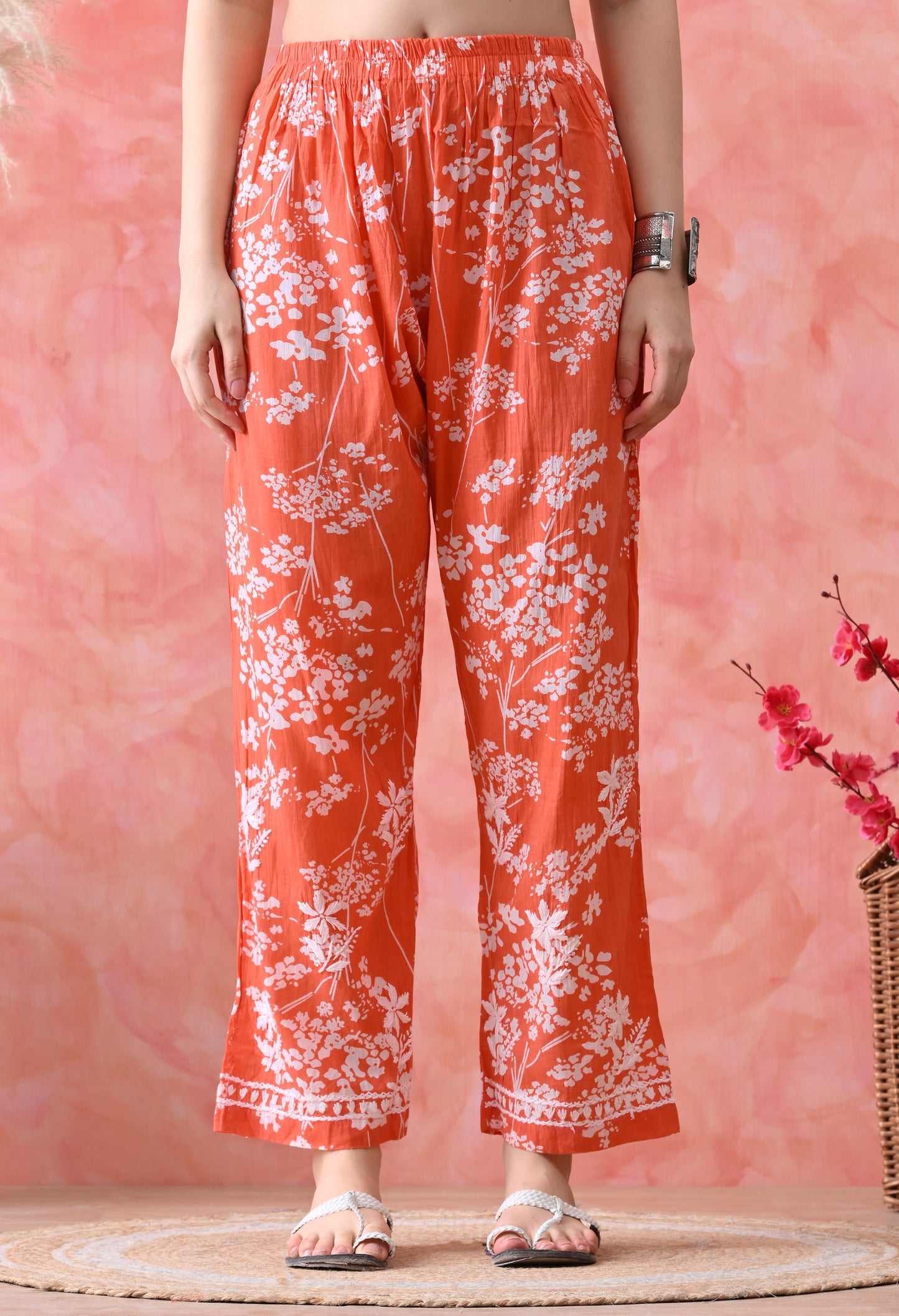 Hand Embroidered Chikankari Mulmul Plazo Set – Floral Delight Orange