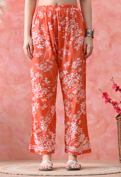 Hand Embroidered Chikankari Mulmul Plazo Set – Floral Delight Orange