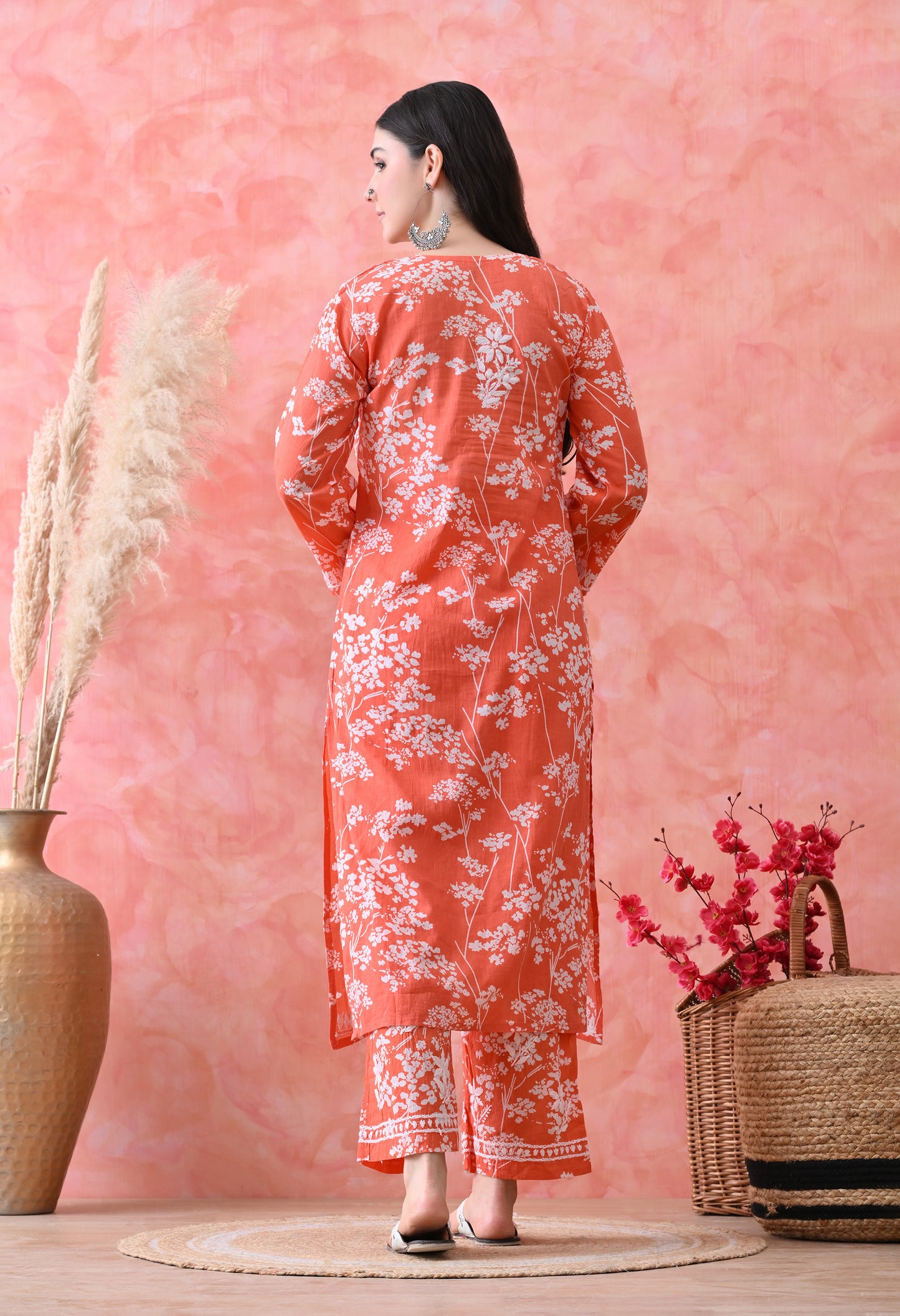 Hand Embroidered Chikankari Mulmul Plazo Set – Floral Delight Orange