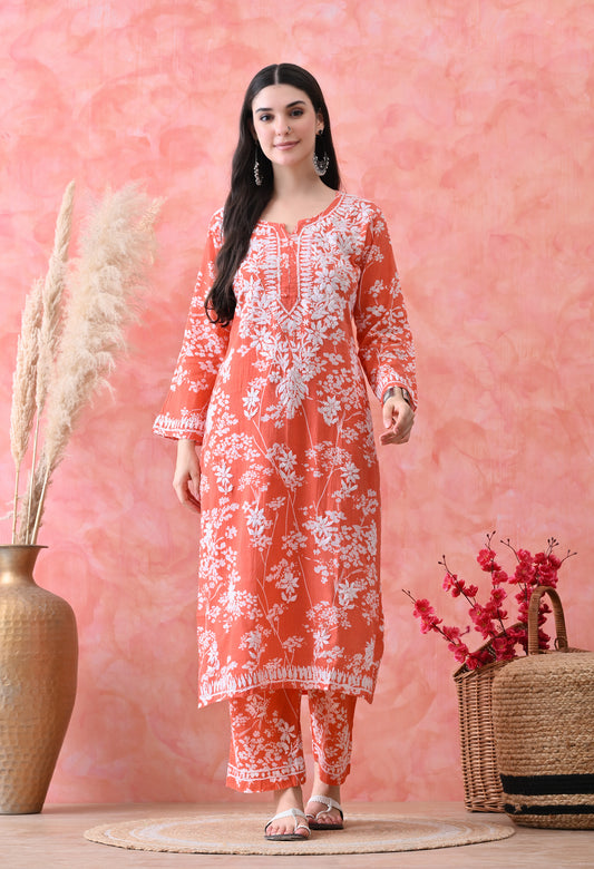 Hand Embroidered Chikankari Mulmul Plazo Set – Floral Delight Orange