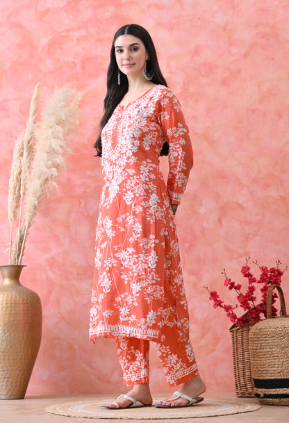 Hand Embroidered Chikankari Mulmul Plazo Set – Floral Delight Orange